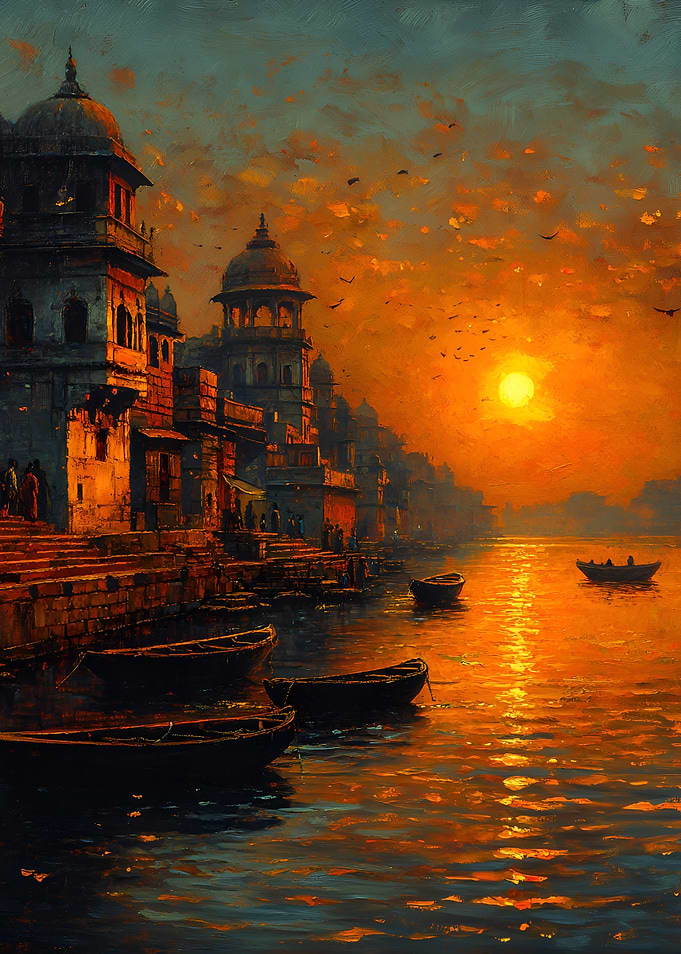 Sunset over Ganges River with Boats