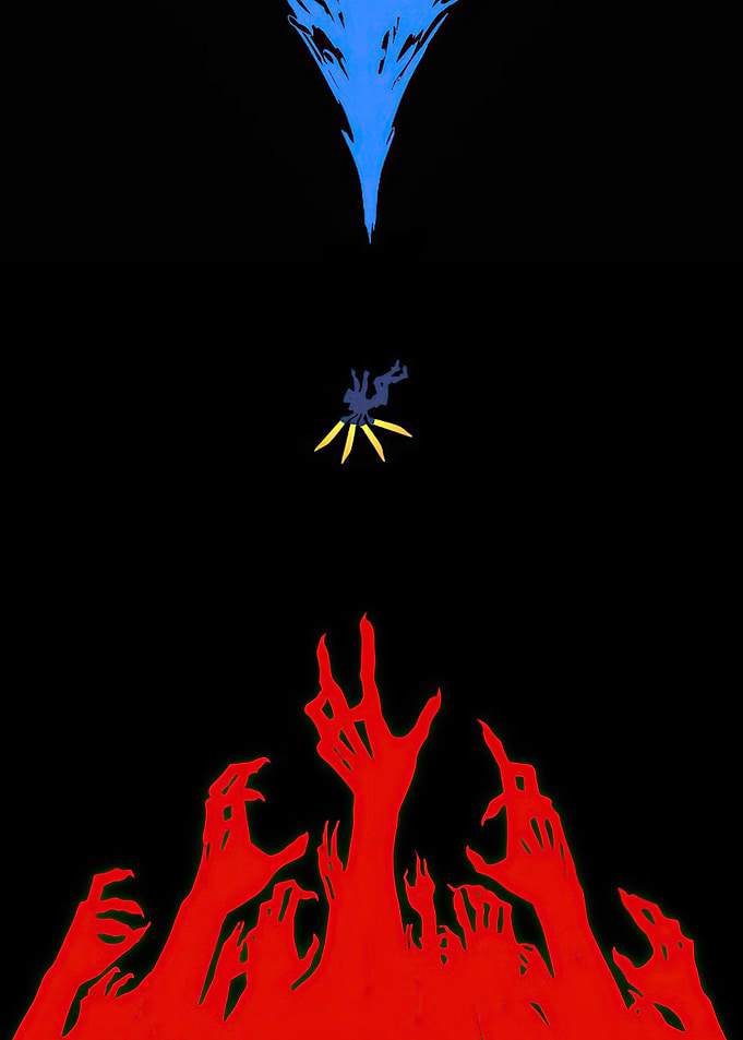 Falling Figure Between Blue and Red Hands