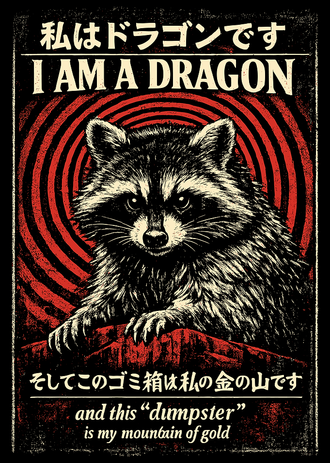 I Am A Dragon Raccoon Poster, Funny Dumpster Raccoon Art, Retro Japanese Style Wall Print