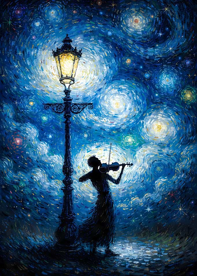 Starry Night Serenade: A Violinist Under the Cosmic Lamplight
