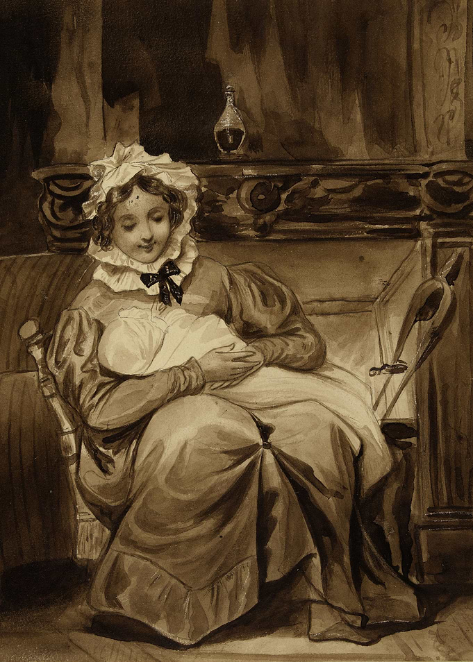 Mother and Child by Fireplace