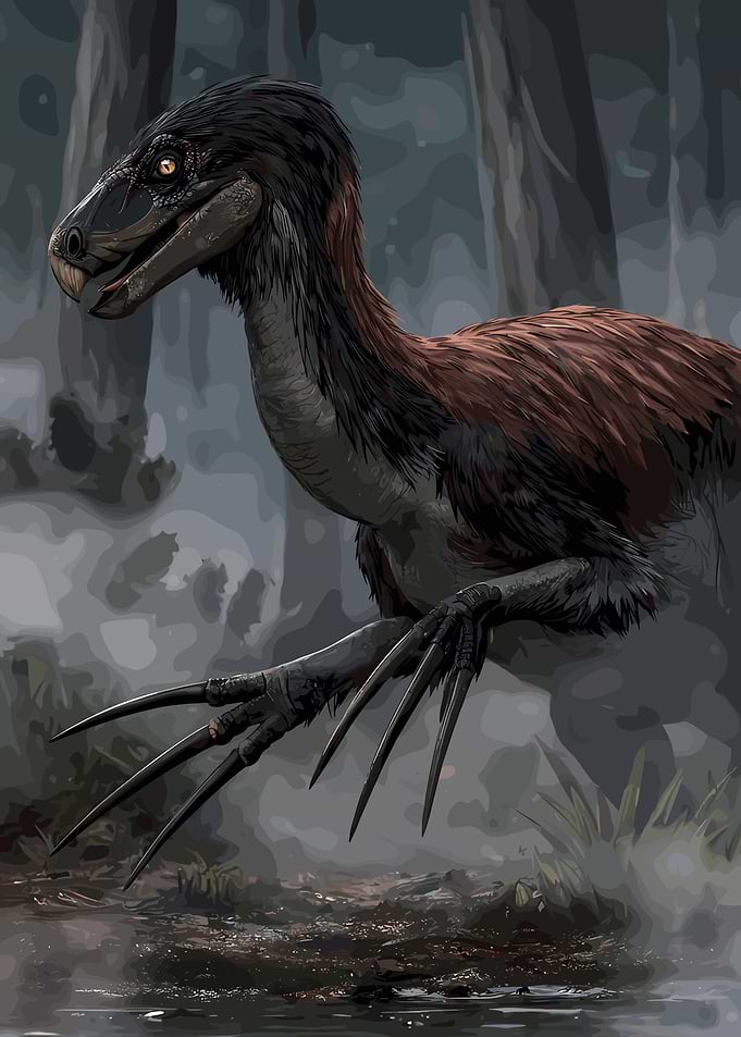 Feathered Dinosaur in Misty Forest