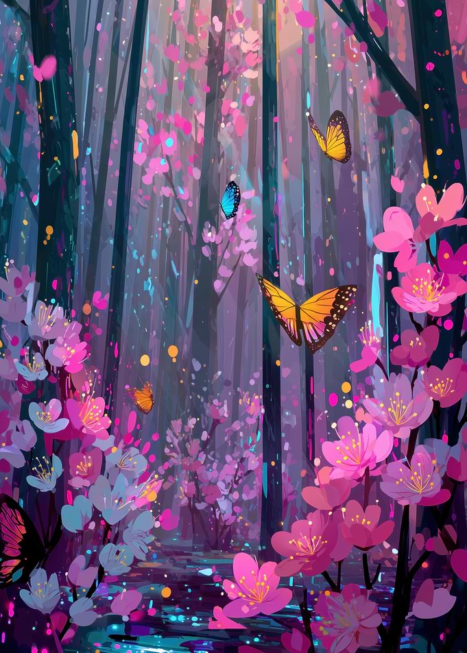 Enchanted Forest with Butterflies and Flowers
