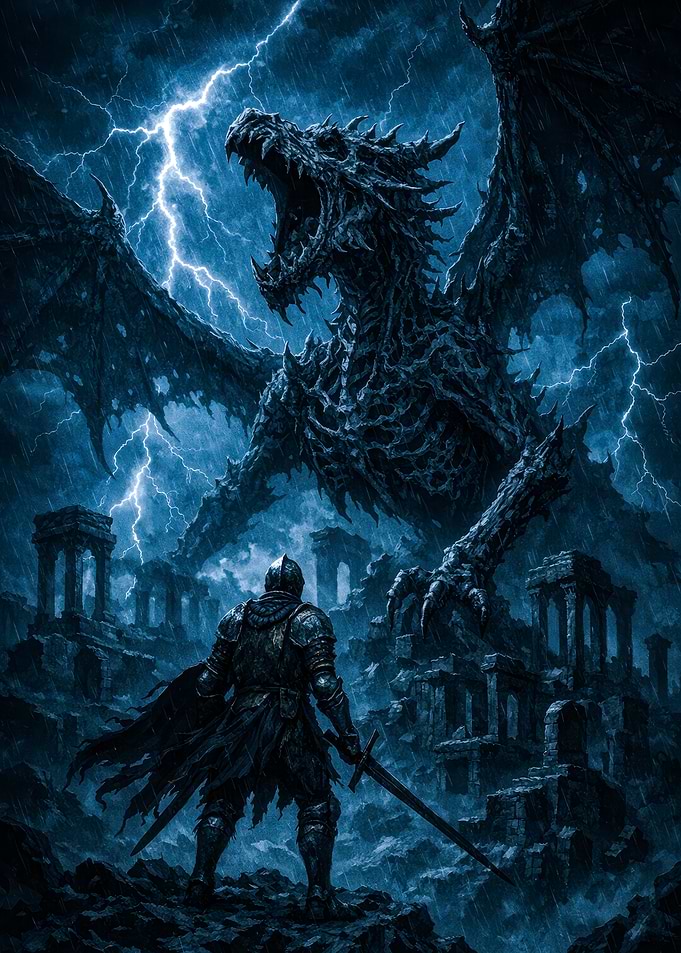 Knight vs Dragon in Storm