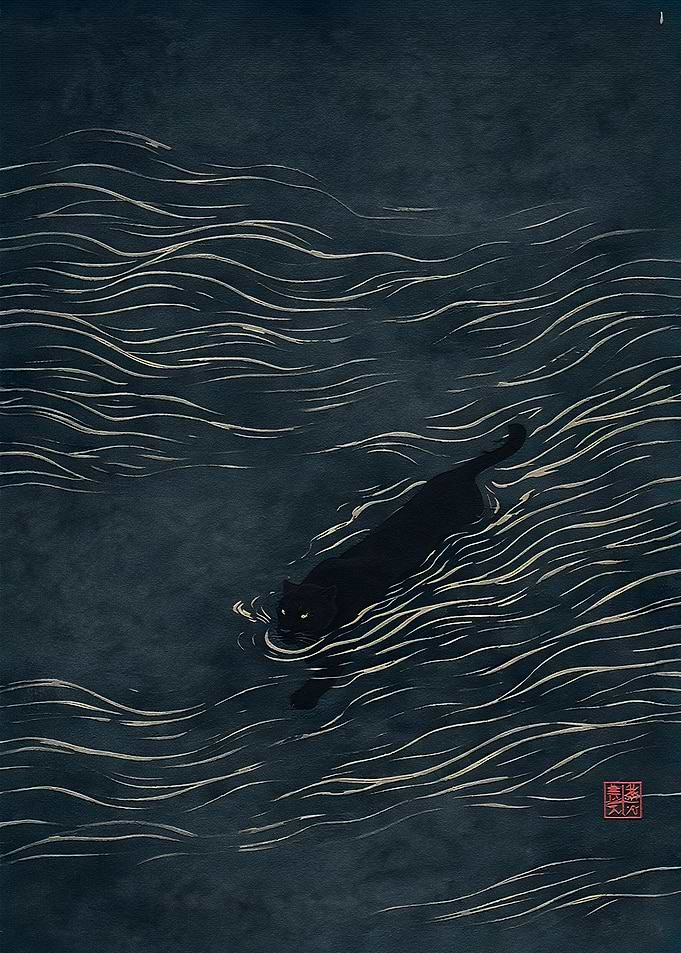 Black Panther Swimming in Dark Water