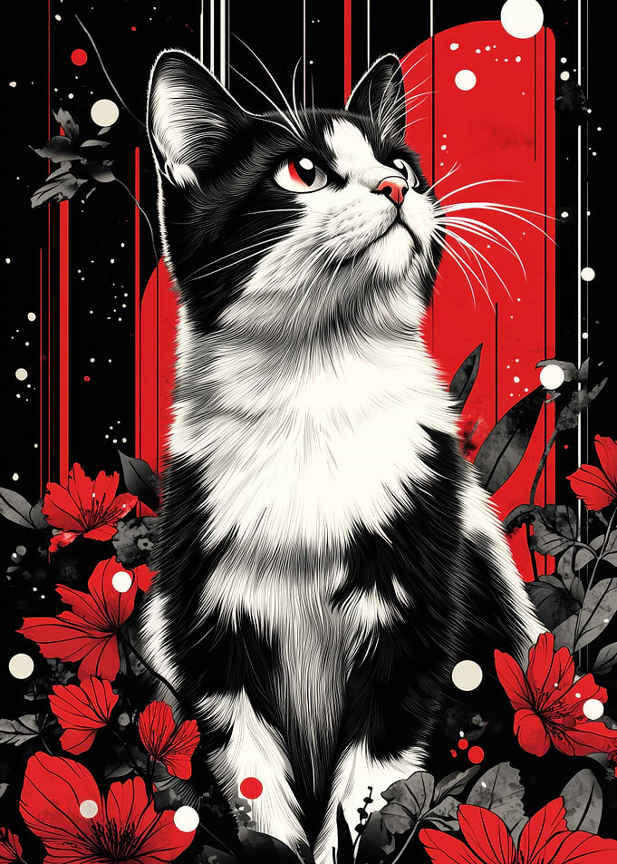 Black and White Cat with Red Flowers