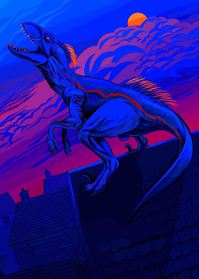 Dinosaur on a Rooftop at Dusk