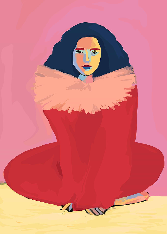 Woman in Red with Fur Collar