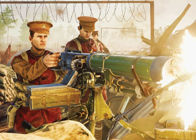World War I Machine Gunners in Trench Over The Top: WWI