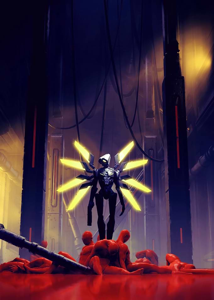 Futuristic Angelic Robot Over Red Figures