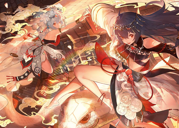 Two Anime Girls in Traditional Outfits