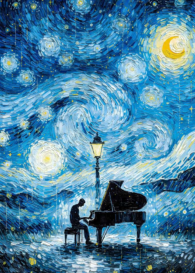 Pianist Moonlit Sonata: Playing the Piano Beneath a Celestial Canvas