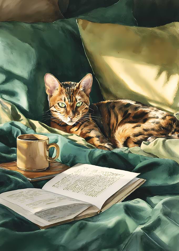 Bengal Cat with Coffee and Book