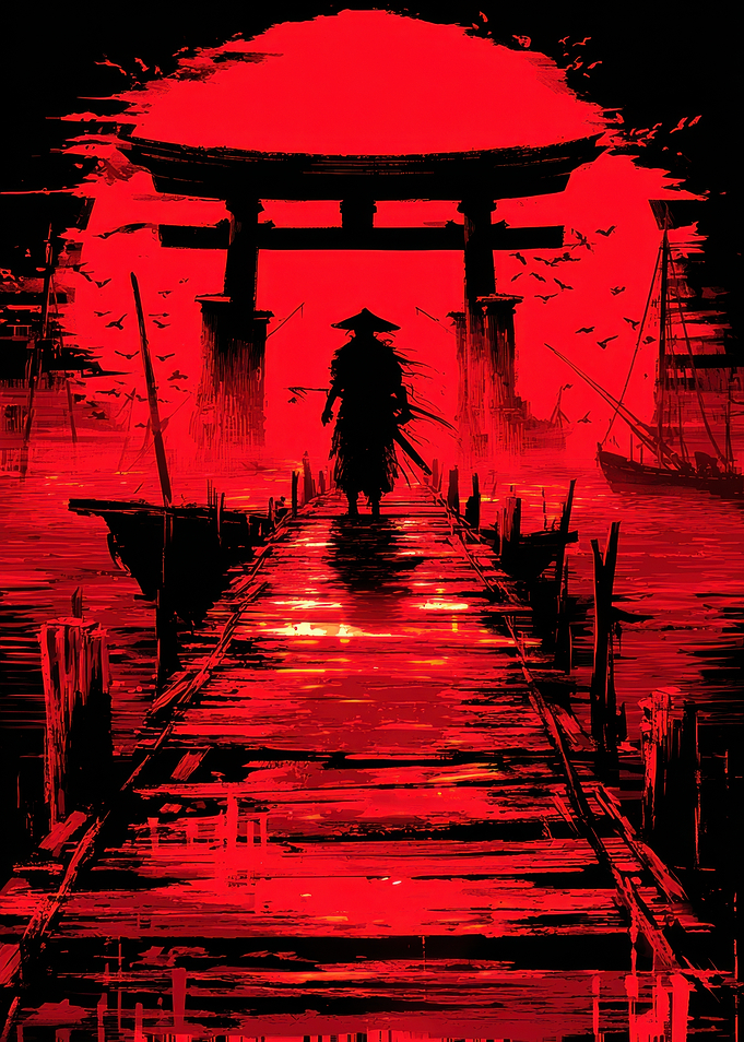 Samurai Walks Toward Torii At Sunset