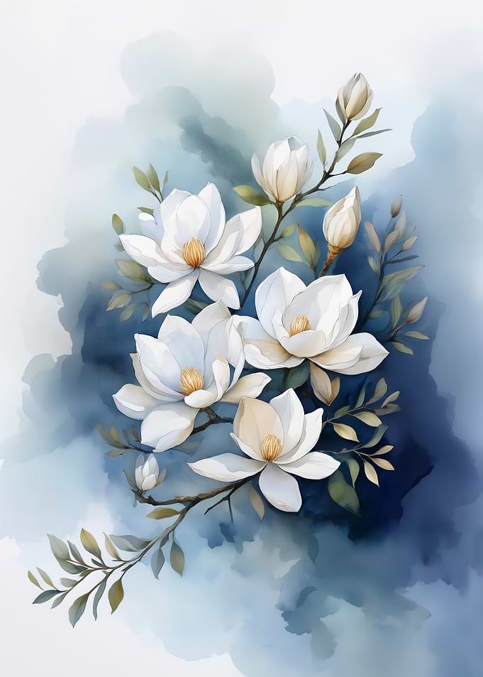 White Magnolia Flowers Watercolor Painting