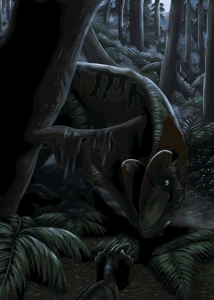 Dinosaurs in a dark forest