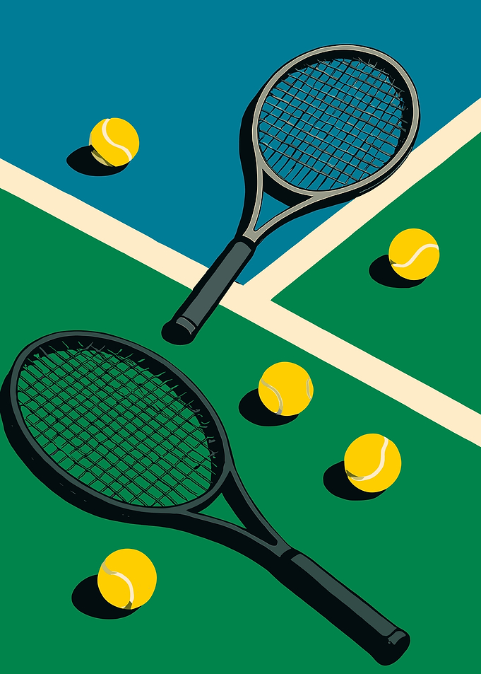 Tennis Rackets and Balls on Court