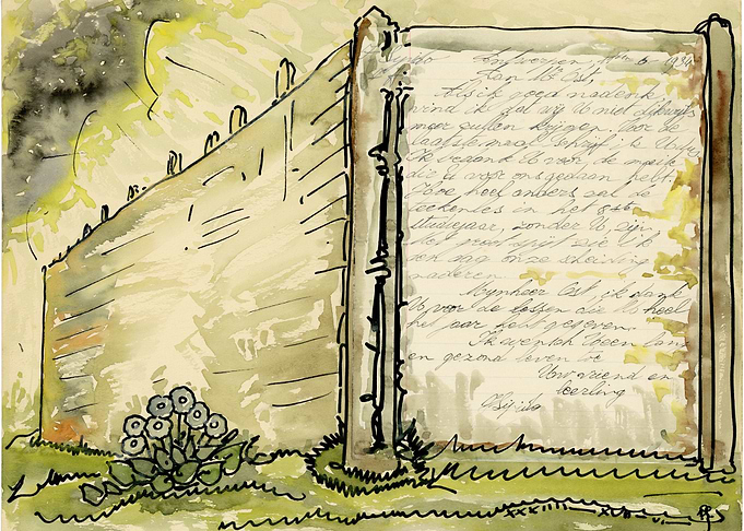 Watercolor painting of a wall with text