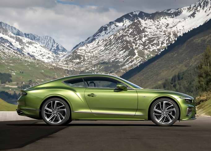 Green Bentley Continental GT in Mountains