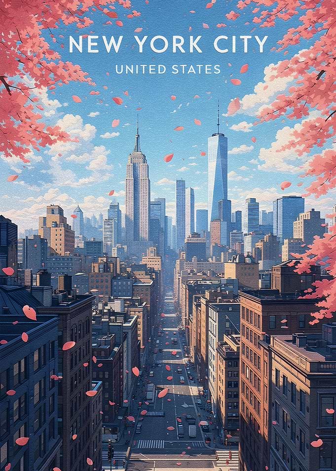 New York City Skyline with Cherry Blossoms