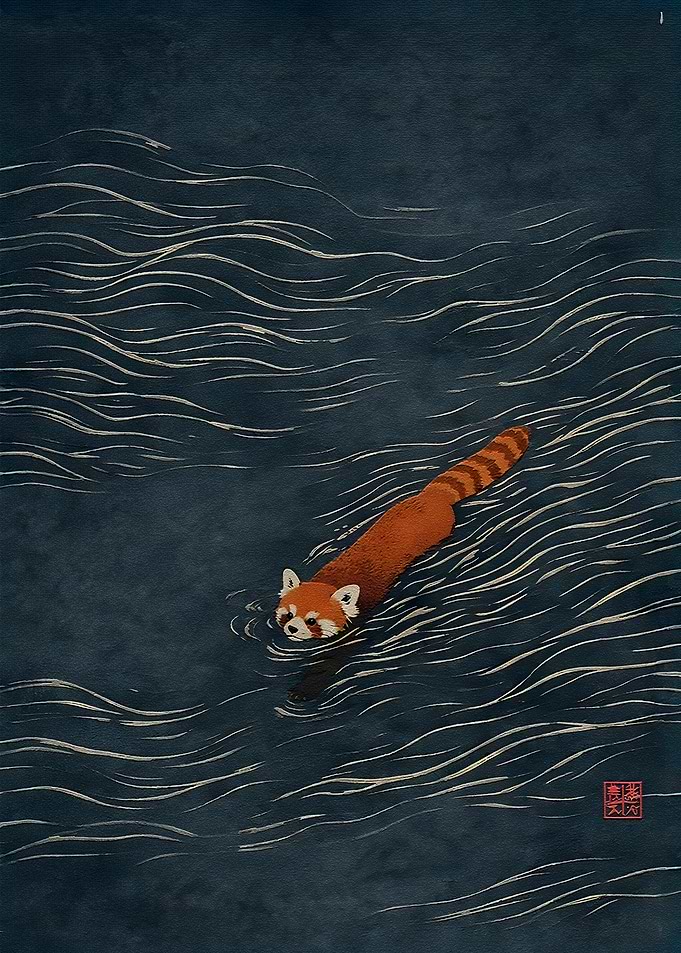 Red Panda Swimming in Dark Water