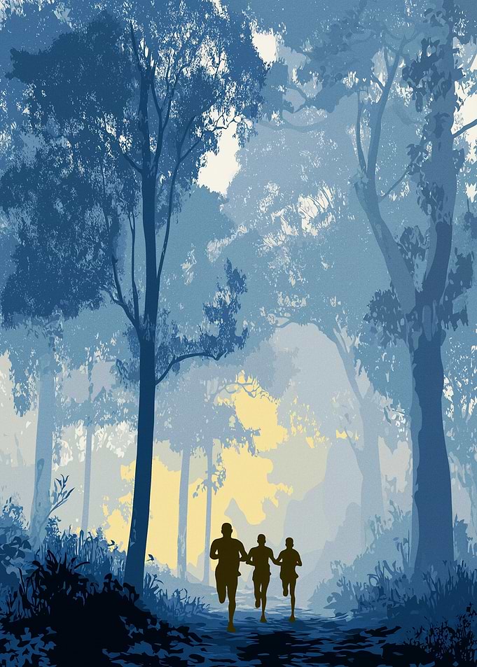 Runners in a Misty Forest