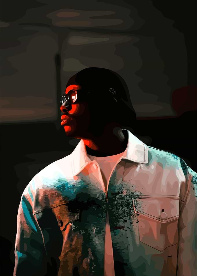 Man in Denim Jacket with Red and Blue Lighting