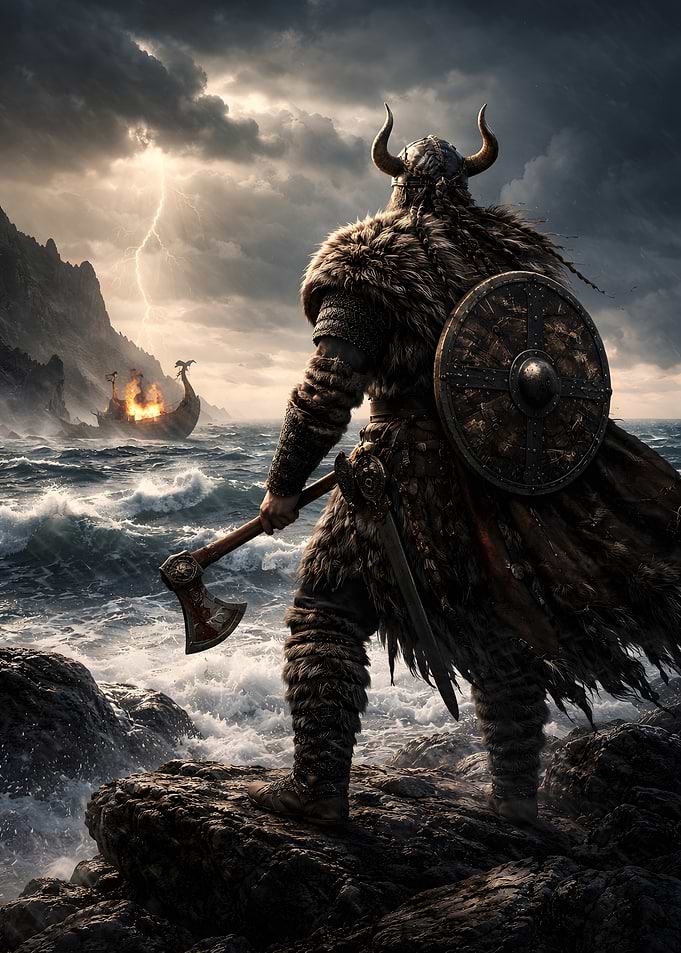 Viking Warrior on Rocky Shore