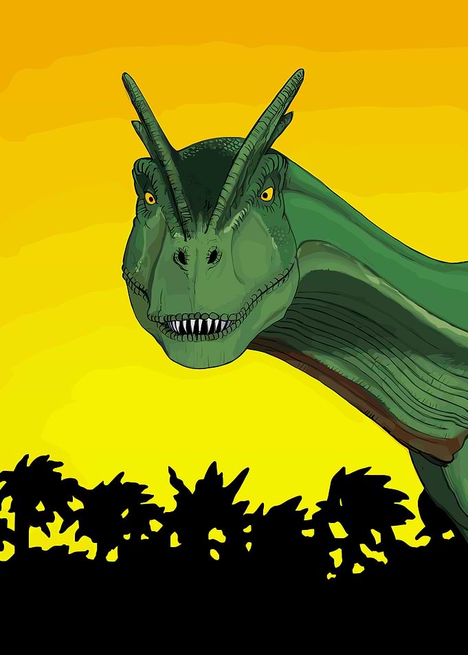 Green Dinosaur with Horns at Sunset
