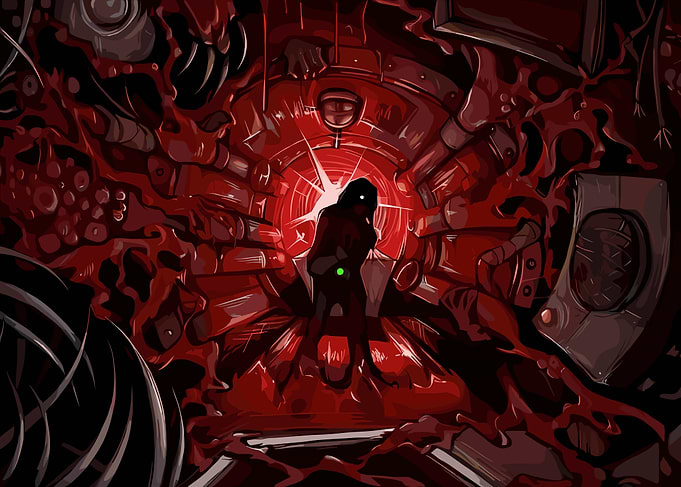 Dark Figure in Bloody Sci-Fi Chamber