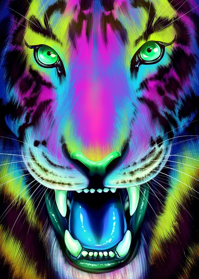 Vibrant Neon Tiger Roaring