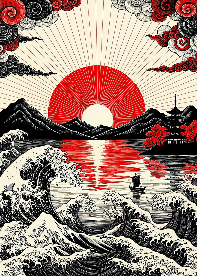 Japanese Wave and Sunrise Art