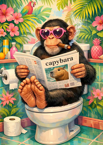 Chimpanzee reading newspaper on toilet