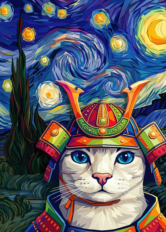 Samurai Cat in Starry Night