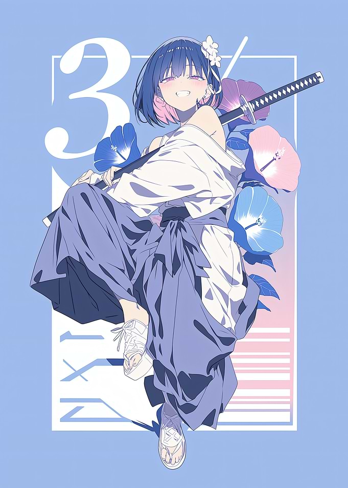 Anime Girl with Katana and Flowers