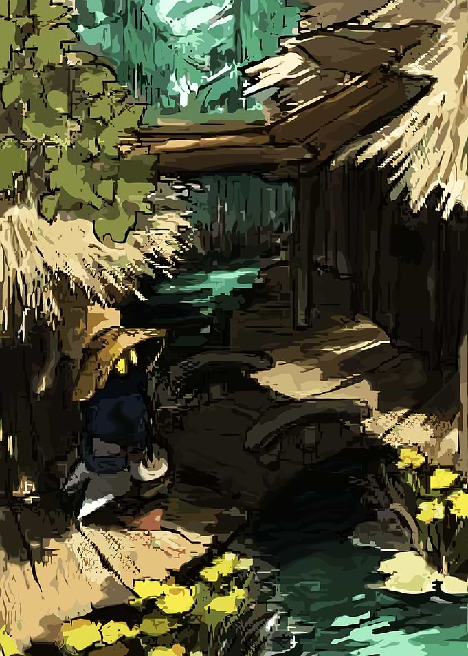 Fantasy character by a stream