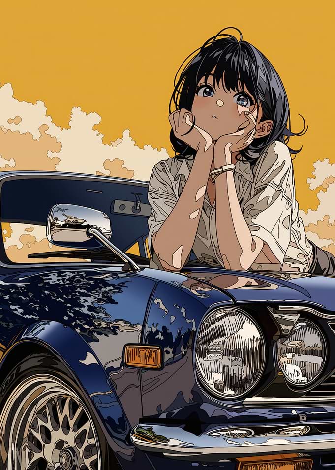 Anime girl leaning on a classic car