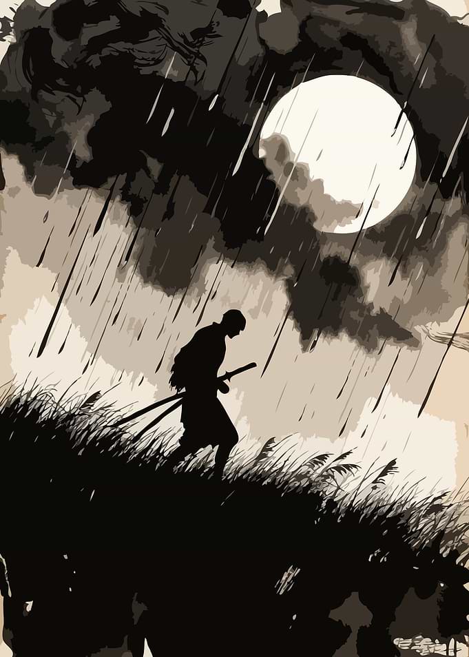 Samurai in the Rain Under the Moon Art