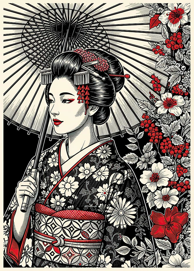 Geisha with Umbrella and Flowers