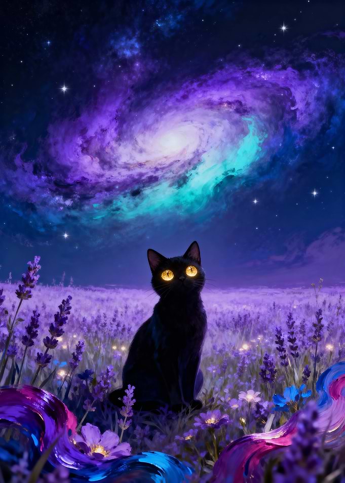 Black Cat in Lavender Field Under Galaxy