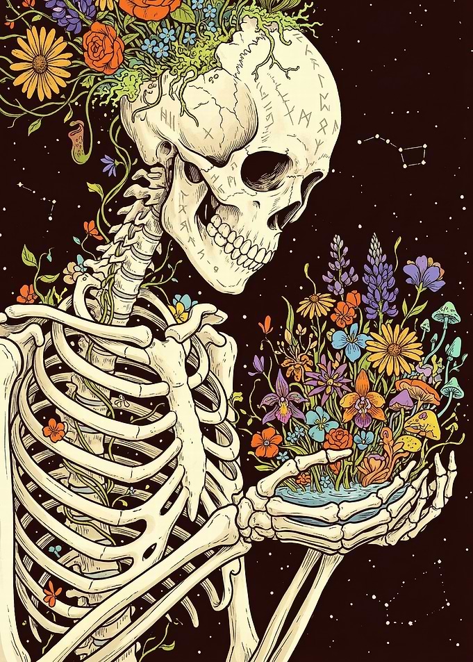 Skeleton holding flowers and water