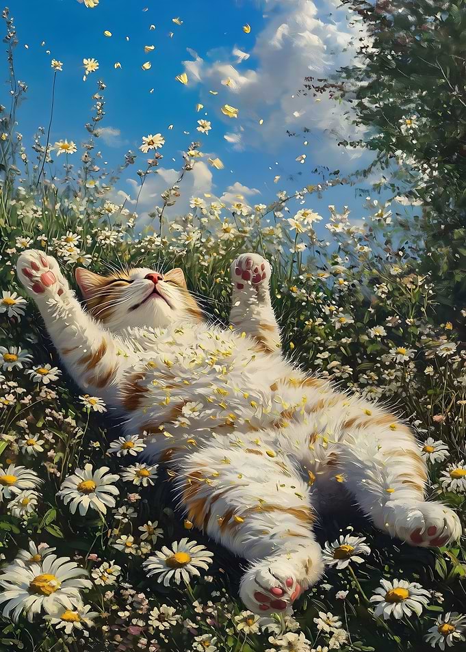 Cat Relaxing in a Field of Daisies