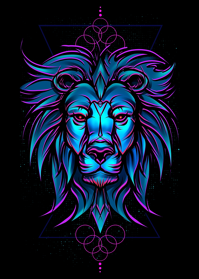 Neon Lion Head with Geometric Patterns