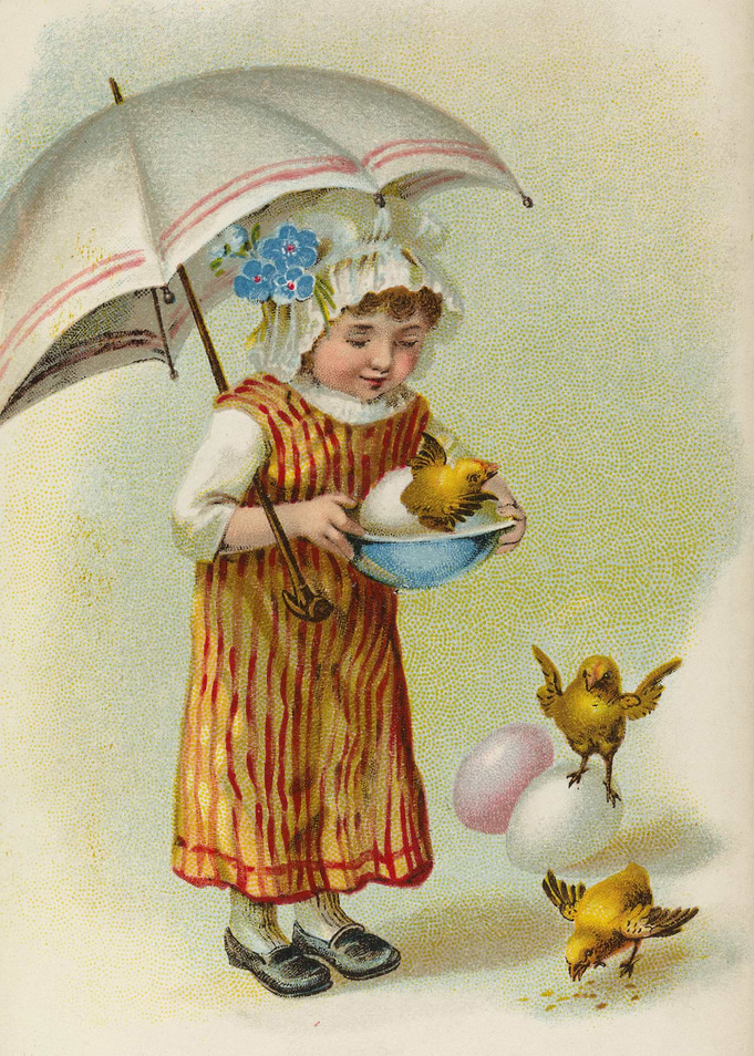 Victorian Child with Chicks and Umbrella