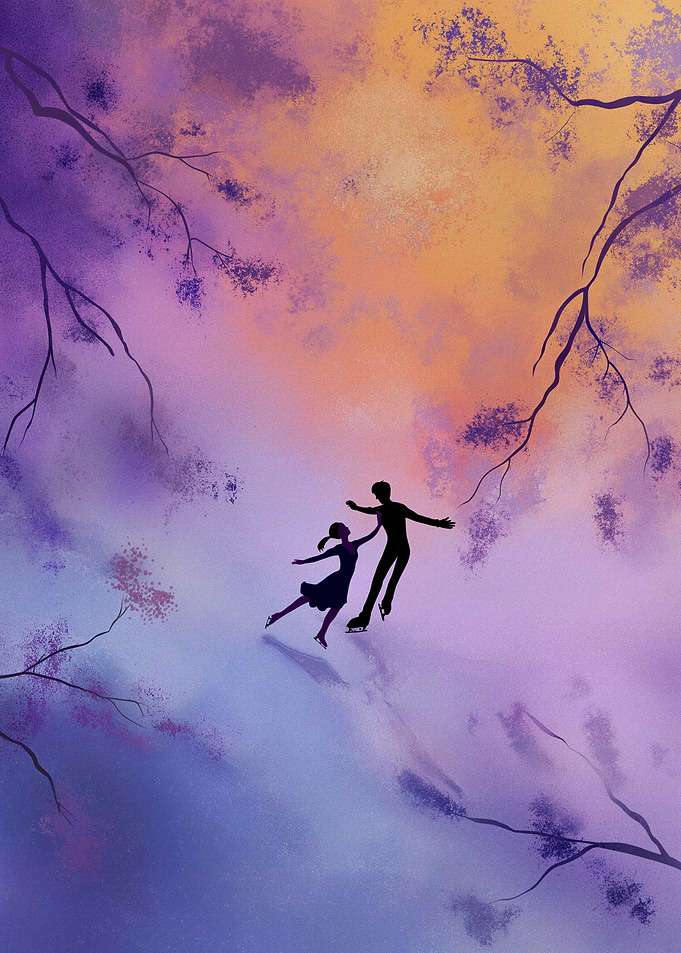 Couple ice skating at sunset