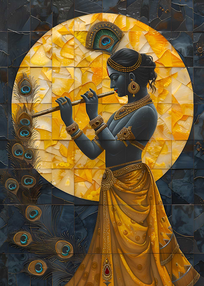 Krishna Playing Flute with Peacock Feathers