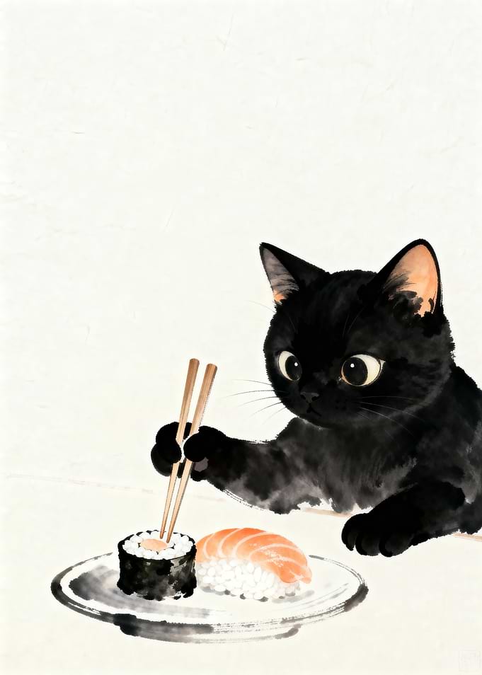 Black Cat Eating Sushi
