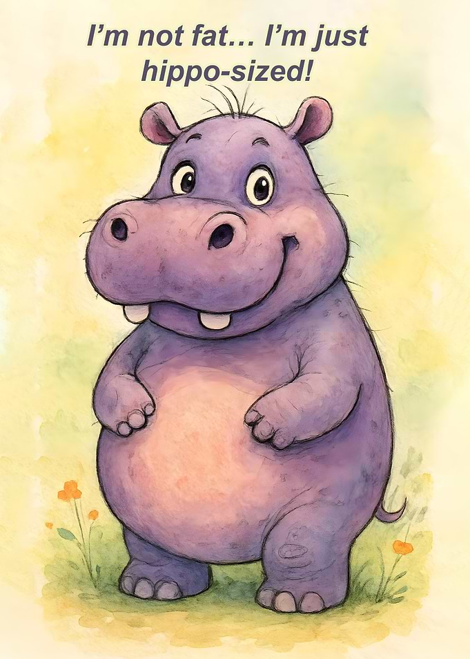 Cute Hippo Saying 'Hippo-Sized'