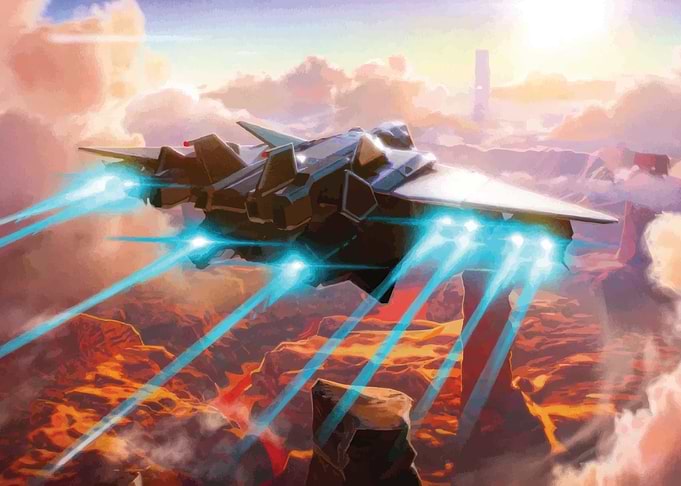 Aethus Sci-fi spaceship flying over alien landscape