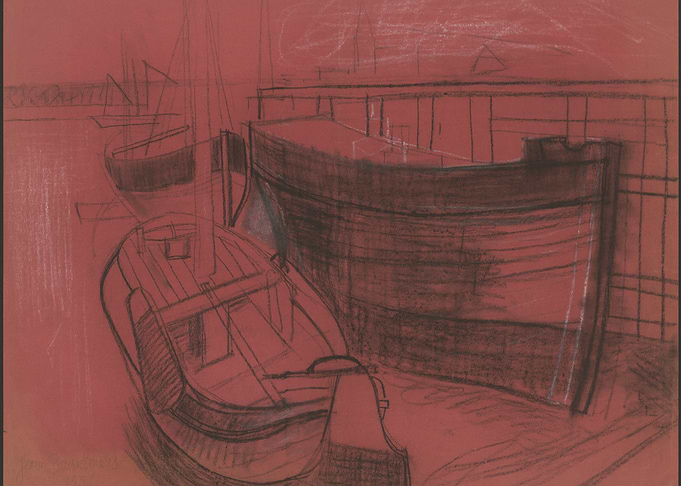 Boats docked by a pier